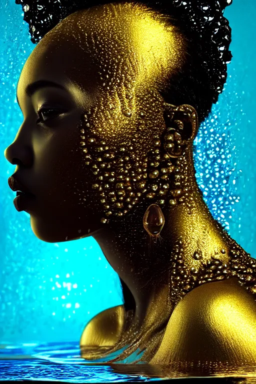 Image similar to hyperrealistic precisionist cinematic profile very expressive! black oshun goddess, in water! up to shoulders, mirror dripping droplet!, gold flowers, highly detailed face, digital art masterpiece, smooth eric zener cam de leon, dramatic pearlescent turquoise light on one side, low angle uhd 8 k, shallow depth of field