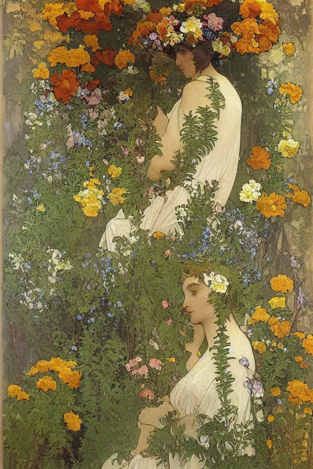 Image similar to atmospheric fresco texture painting of a garden full of ferns, marigold flowers by alphonse mucha