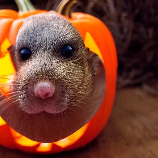 Image similar to a jack o lantern with the face of a mole rat, realistic photography, high detailed