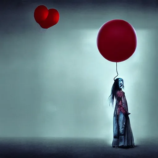 Image similar to matte painting of Billie eilish with a wide smile and a red balloon by Zdzisław Beksiński, loony toons style, pennywise style, corpse bride style, creepy lighting, horror theme, detailed, elegant, intricate, conceptual, volumetric light