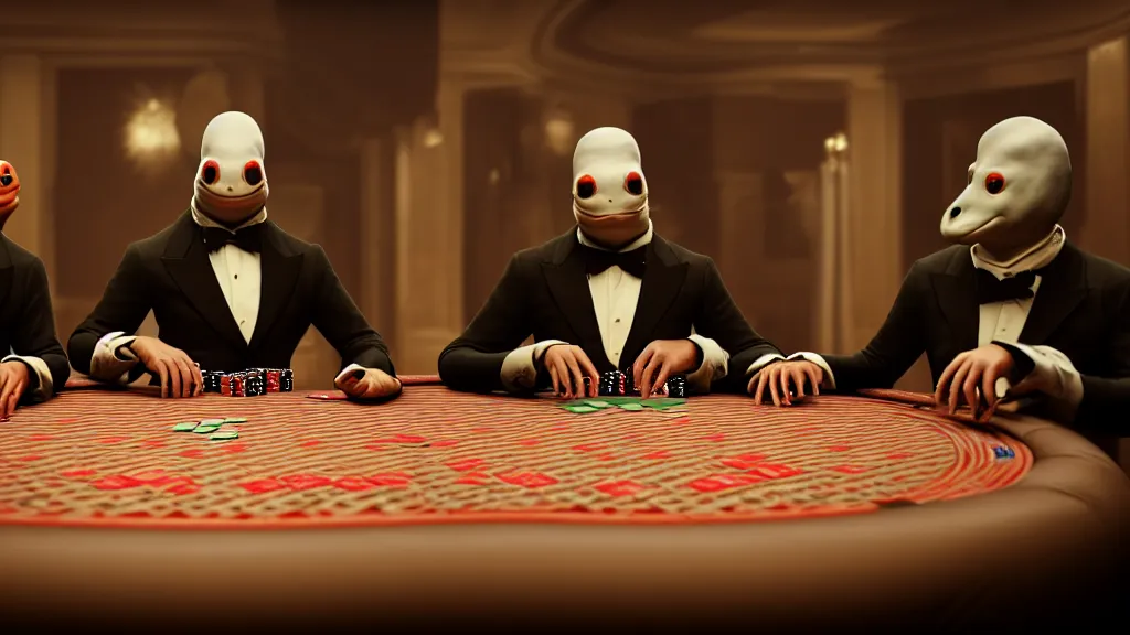 Prompt: hyperrealism simulation highly detailed human turtles'wearing detailed tuxedos and smoking, playing poker in surreal scene from renaissance movie from future by wes anderson and denis villeneuve and mike winkelmann rendered in blender and octane render