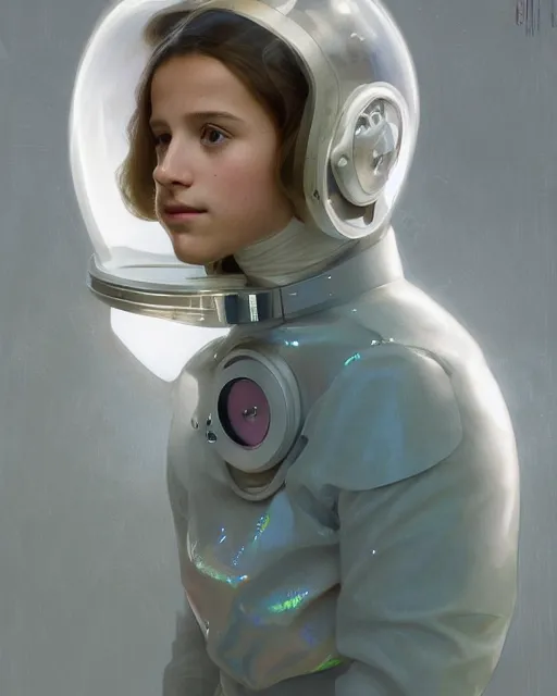 Image similar to a portrait painting of a shy, blushing 1 6 - year old alicia vikander or millie bobby brown, backlit, wearing a futuristic translucent iridescent plastic space suit with a space helmet, elegant, highly detailed, artstation, concept art, by krenz cushart and donato giancola and william adolph bouguereau and alphonse mucha