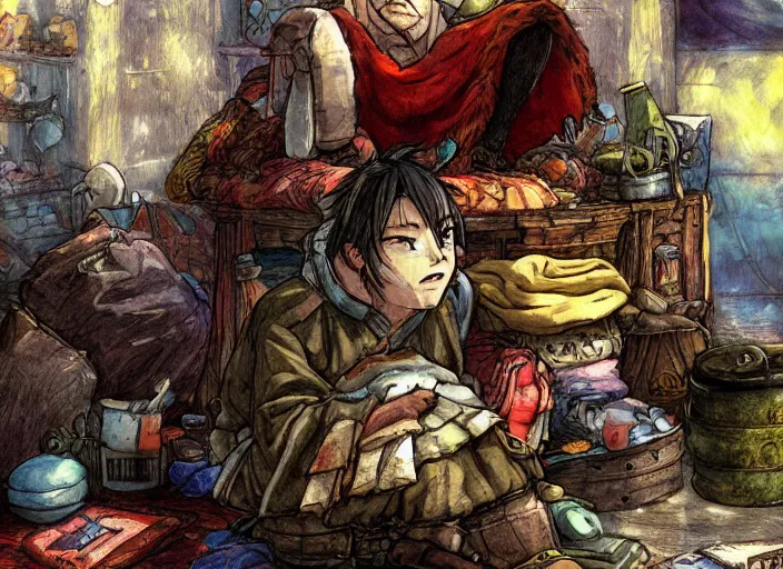 Image similar to JRPG art, a fullbody illustration of a mysterious wandering merchant sitting down wearing a large, tall backpack piled high with textiles, furs, and miscellaneous objects, in the style of yoshitaka amano