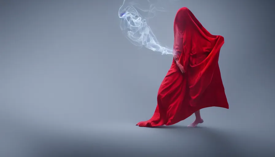 Image similar to a smoke - figure covered by red cloth that's blowing in the wind standing in a beautiful penthouse with atmospheric light, digital art, concept art, cloth simulation with houdini, octane, redshift, 8 k