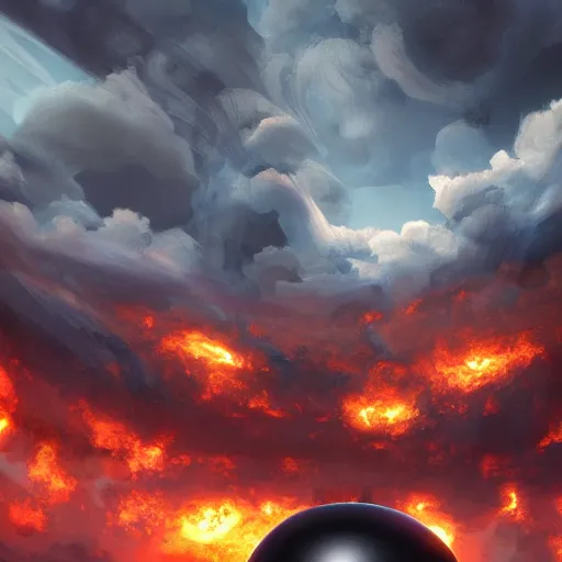 Image similar to a black glowing sphere in the center of the sky surrounded by swirling firestorm clouds, a detailed wide cityscape on fire, wide perspective, highly detailed digital art, cinematic, hyper realism, oil on canvas, trending on Artstation, octane render