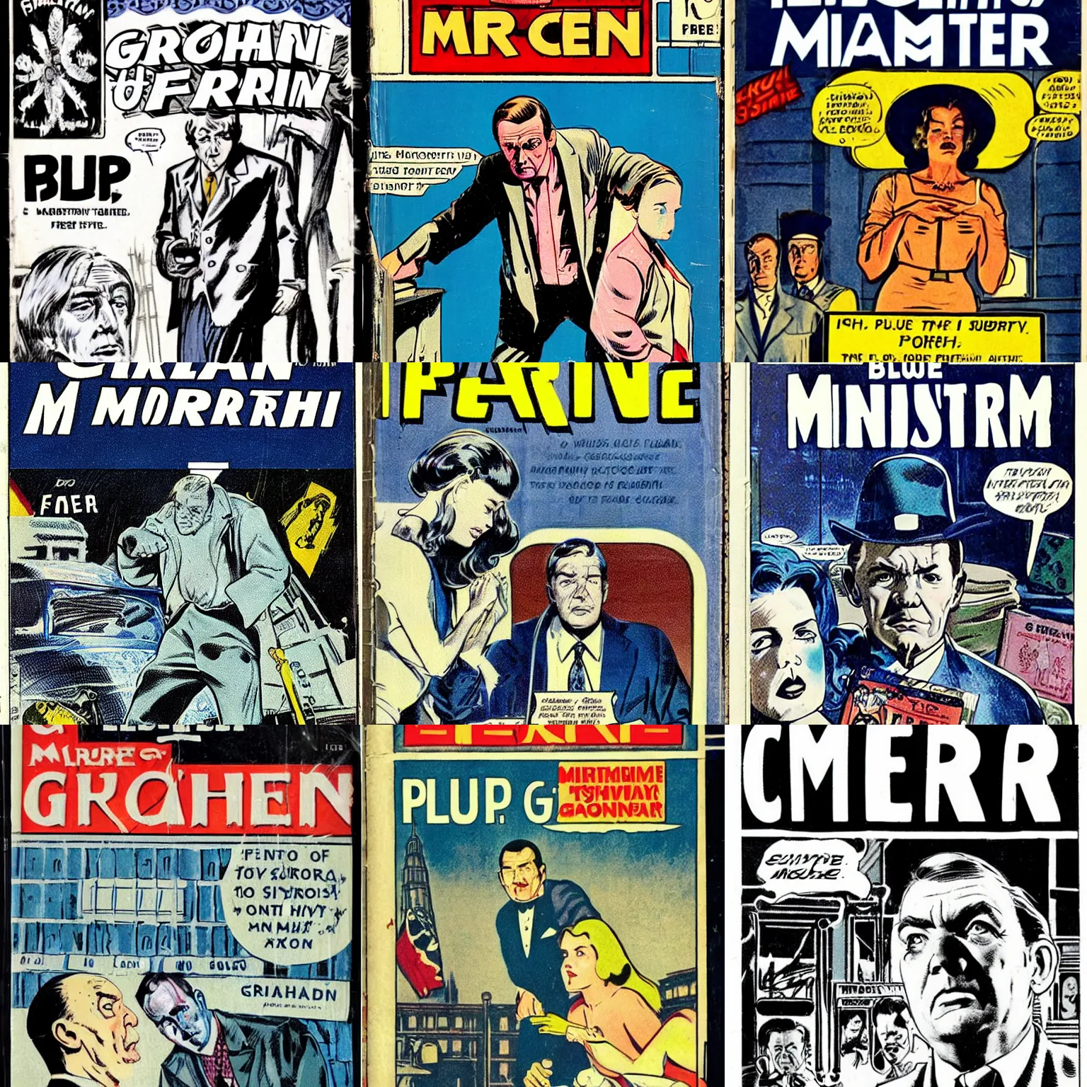 Prompt: blue - and - white pulp comic book of graham greene's the ministry of fear