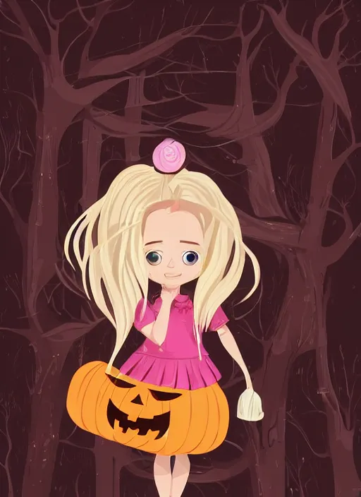 Image similar to three year old girl with long blonde hair in a halloween scene. she is carrying a candy bucket. clean cel shaded vector art. shutterstock. behance hd by lois van baarle, artgerm, helen huang, by makoto shinkai and ilya kuvshinov, rossdraws, illustration, art by ilya kuvshinov