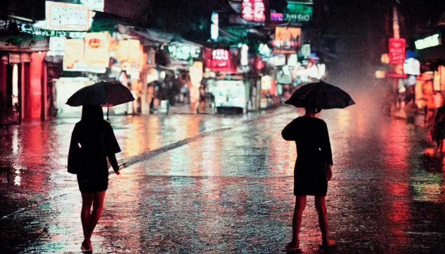 Image similar to street of hanoi, photography, night, rain, mist, a girl with pink hair, cinestill 8 0 0 t, in the style of william eggleston