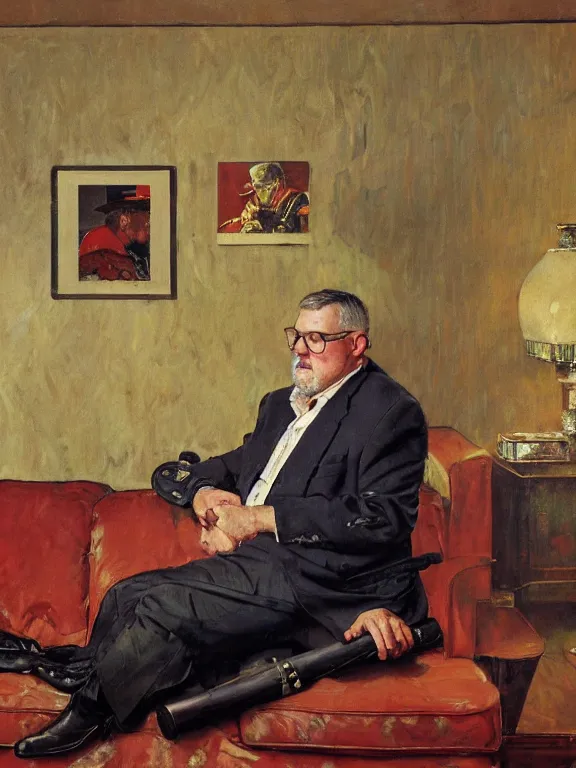 Image similar to portrait of orson scott card sitting on a sofa, in a style blend of norman rockwell and frederick remington and mort kunstler, oil painting, volumetric lighting, intricate details