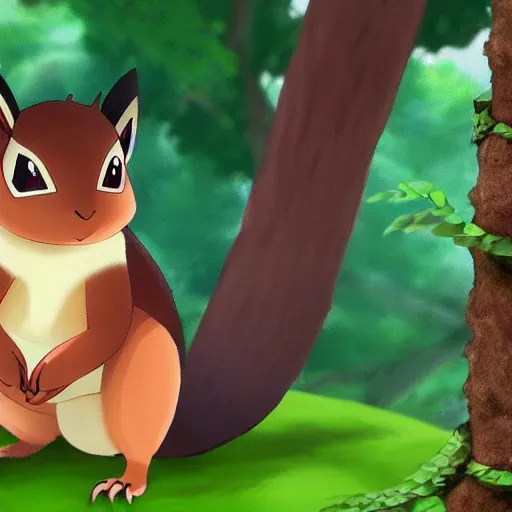 Prompt: A pokemon that looks like A squirrel ，sitting on a tree branch with a curly fern for a tail，Trending on art station. Unreal engine.