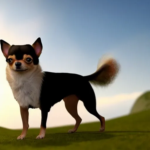 Image similar to chihuahua standing on a hill looking like a lion but it's a chihuahua, highly realistic digital art, 4 k, raytracing