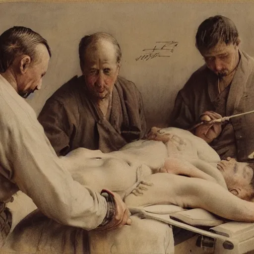 Image similar to shikki funereal by walter langley. a beautiful conceptual art of a team of surgeons gathered around a patient on an operating table, with one surgeon in the process of cutting into the patient's chest. the conceptual art is full of intense colors & brushstrokes, conveying the urgency & intensity of the surgery.