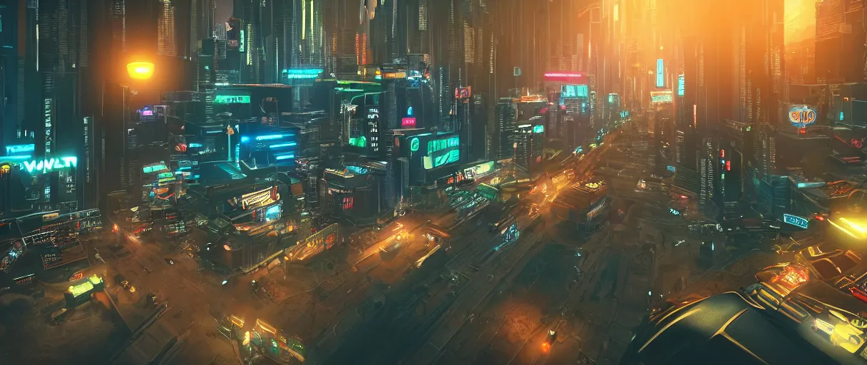 Image similar to an android hief on a motorcycle making a getaway from a helicopter in a glowing neon cyberpunk city at night by Karl Thiart, unreal engine, cinematic atmosphere, establishing shot, viewed from above