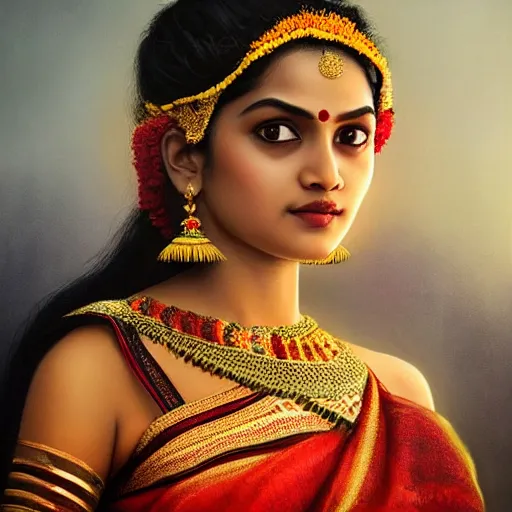 Image similar to beautiful young laxmi wearing bihu mekhela costume ; portrait by artgerm and tom bagshaw ; trending on artstation ; award winning, cinematic natural dramatic lighting, studio photography by annie leibovitz