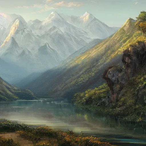 Image similar to a beautiful painting of a scene about a panorama of rivers and mountains, by victo nagi and yuumei and james jean, trending on artstation., ultrawide viewn and highly detailed matte painting - h 6 4 0 - w 1 2 8 0