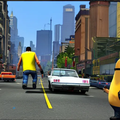 Image similar to screenshot from Grand Theft Auto showing a giant minion attacking the city