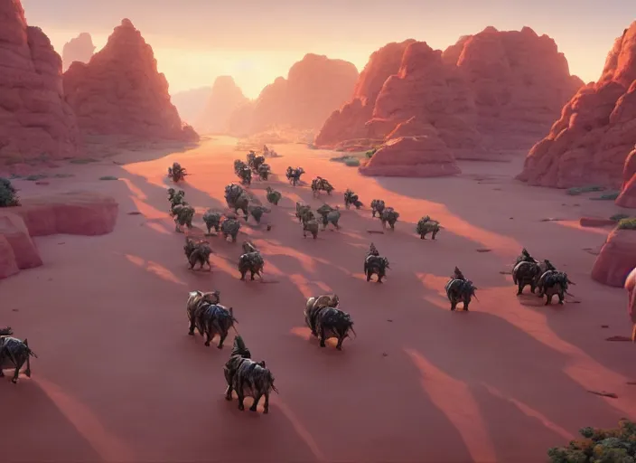 Prompt: the big large expedition with a lot of explores, warriors and adventurers, being brought by several rhinos carrying things towards the desert of duhnes medium shot, studio ghibli, pixar and disney animation, sharp, rendered in unreal engine 5, anime key art by greg rutkowski, bloom, dramatic lighting