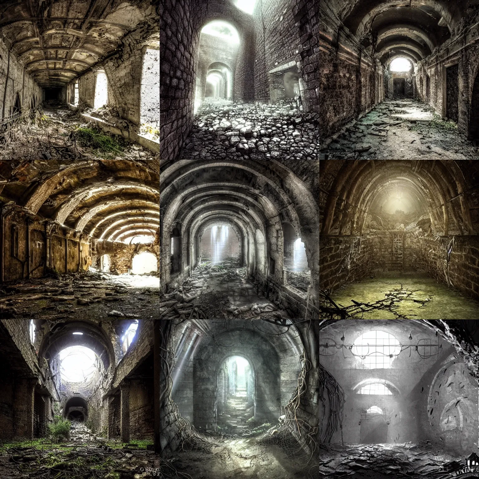 Prompt: inside the old sewers in the ruined part of the city. fantasy art, light breaking through cracks in the ceiling, stagnant water, vines, ruins, abandoned spaces, danger, dungeon.