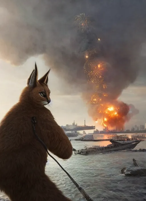 Prompt: hyper realistic giant fluffy caracal attacking moscow city harbor explosions, atmospheric beautiful details, strong composition painted by kim jung giu weta studio rutkowski, james gurney and greg rutkowski, and lucasfilm