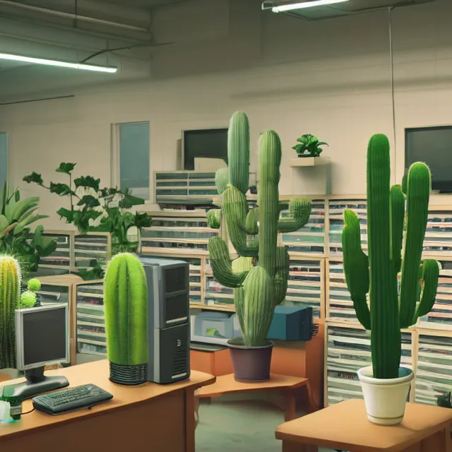Image similar to an interior room with old pc computers stacked on the walls with potted plants and cacti, makoto shinkai