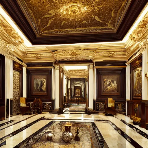 Image similar to modern luxury interior home design, palace with high ceiling and beautiful sculptures, photorealistic, ultra-detailed, 4k high resolution, HDR shot