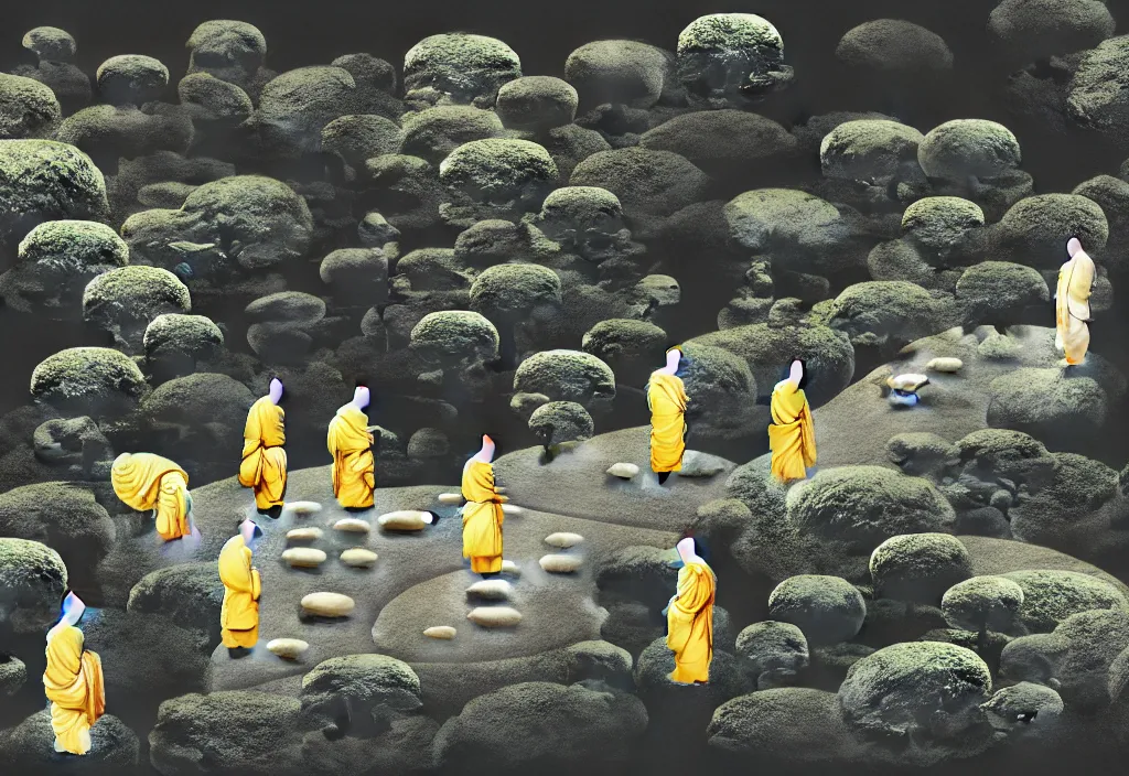 Prompt: monks tending a zen garden kyoto, japan, a collage painting, in the style of wes anderson, lola dupre, david hockney, isolated on negative white space background dark monochrome fluorescent neon spraypaint accents volumetric octane render