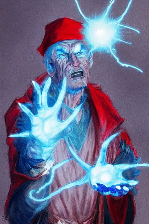 Prompt: A character study of an evil sorcerer with blue energy glowing from his hands, he has a red hat, by, loish, greg rutkwoski, high detail