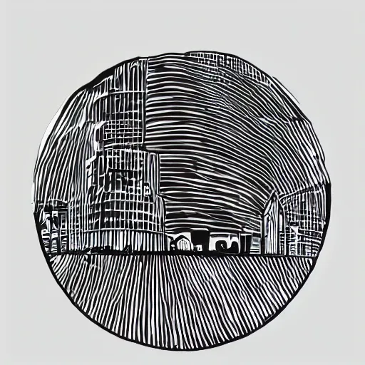 Image similar to a perfect circle where the inside is empty blank space and around the outer edge of the circle is the silhouette of a city skyline, black and white, minimalist, in the style of a charcoal drawing, made by david mellen