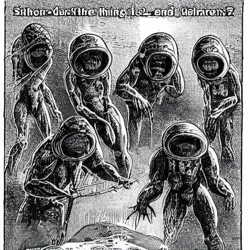 Prompt: Cross-Hatching from 1890 of first encounter with aliens