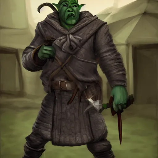 Image similar to shifty looking male rogue, hyperrealistic sneaking behind orc