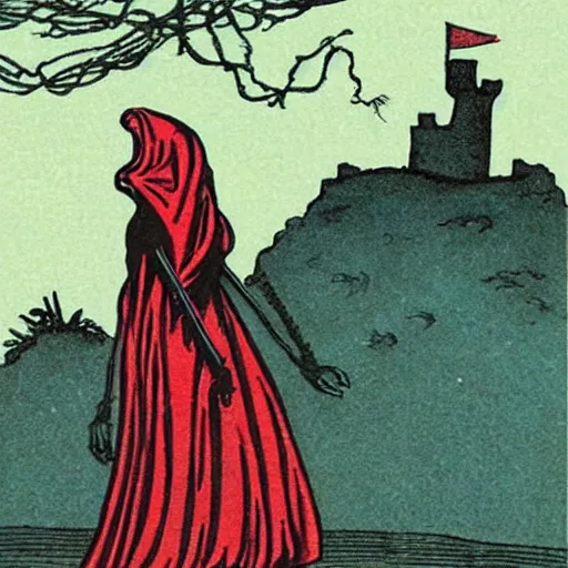 Image similar to synthwave exciting by kate greenaway, by jeff kinney. a beautiful illustration of a horned, red - eyed, skeleton - like creature, with a long black cape, & a staff with a snake wrapped around it, standing in front of a castle atop a cliff.