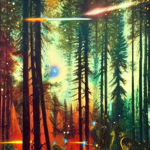 Prompt: psychedelic lush pine forest, outer space, milky way, designed by arnold bocklin, jules bastien - lepage, artstation, star, sharp focus, colorful refracted sparkles and lines, soft light, 8 k 4 k