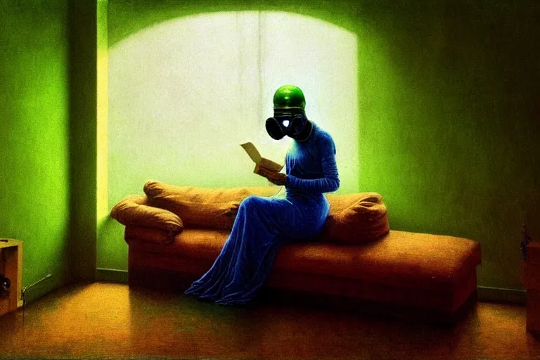 Image similar to hyperrealistic girl wearing a gas mask lying on the sofa reading a book in her room, in the style of beksinski, solarpunk, exact anatomy, atmospheric, clean, intricate and epic composition, green by caravaggio, insanely quality, highly detailed, masterpiece, blue light, artstation, 4 k