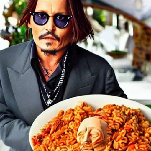 Image similar to johnny depp made out of jambalaya, a human face made out of a bowl of jambalaya