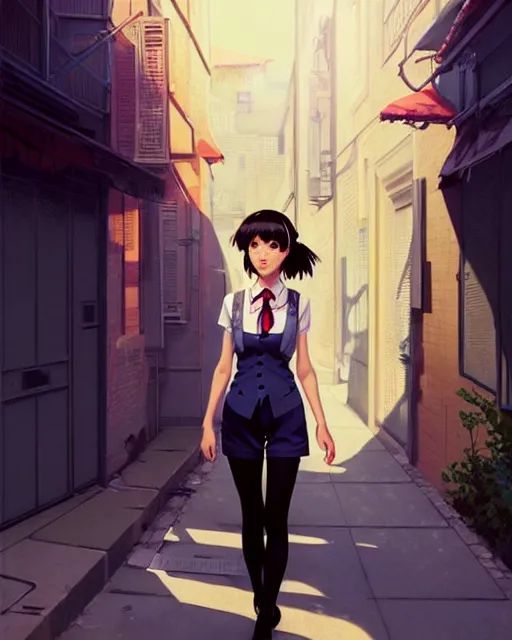 Image similar to cute girl in vest, walking in an alley. | very very anime!!!, fine - face, audrey plaza, realistic shaded perfect face, fine details. anime. realistic shaded lighting poster by ilya kuvshinov katsuhiro otomo ghost, magali villeneuve, artgerm, jeremy lipkin and michael garmash and rob rey