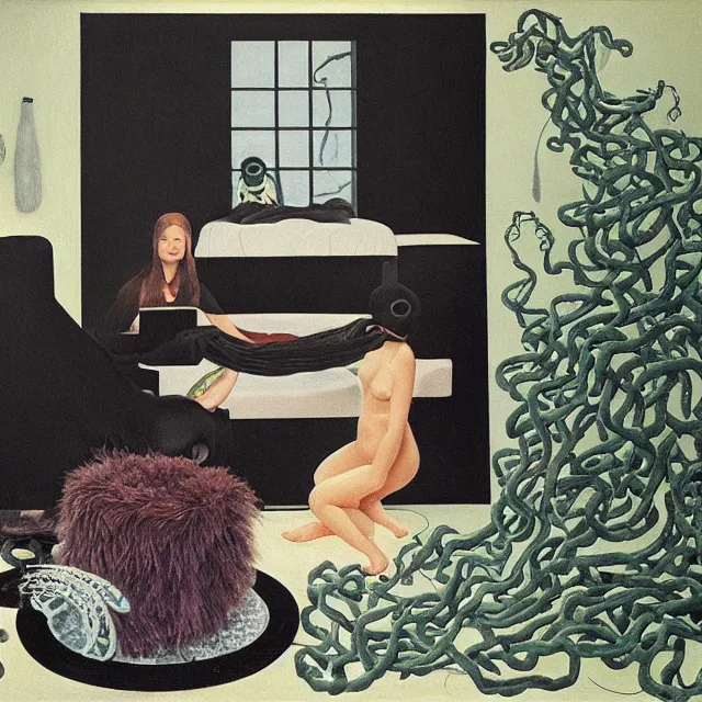 Prompt: a female pathology student in her apartment, wrapped in vines, medical equipment, stepping stones, octopus, fur seal, black walls, ikebana, black armchair, sculpture, acrylic on canvas, surrealist, by magritte and monet