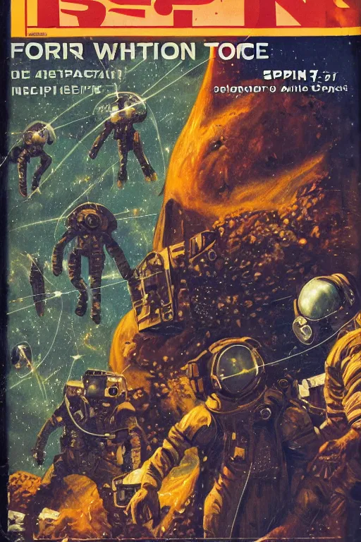 Prompt: photo of poor condition, torn, stained, vintage pulp scifi science fiction magazine cover on a table top, showing men wearing space suits shooting laser beams at a monster on an alien planet, only c 7 5, 4 k, high definition