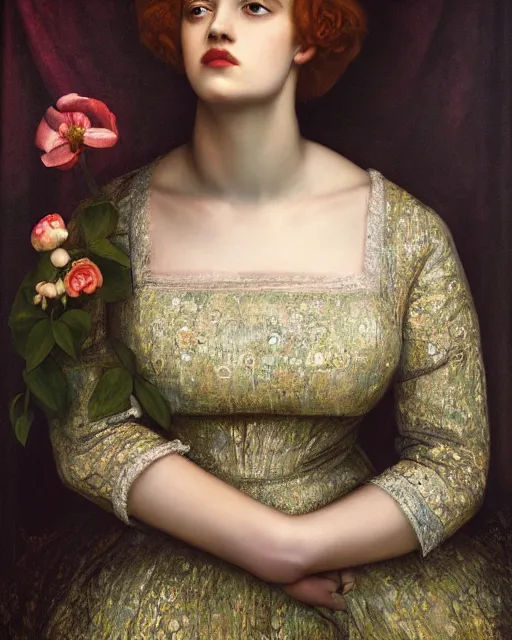 Prompt: masterpiece the queen of flowers by Dante Gabriel Rossetti, Aykut Aydogdu, Oil on canvas, highly detailed