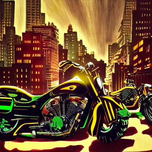 Image similar to cyborg rides a motorcycle down gotham city art deco highway, goliath statue support beams, ayn rand raised highway, filiment buld traffic lights, golden light, dark oil painting, global illumination