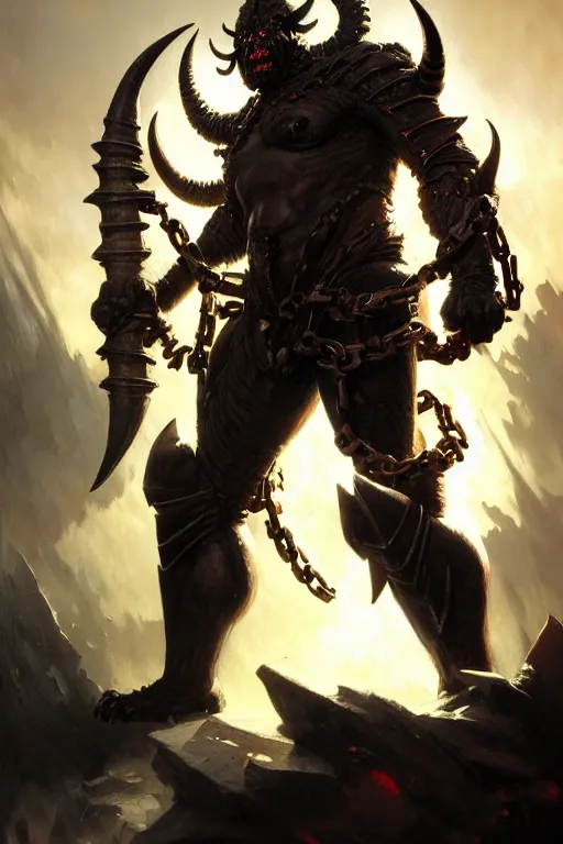 Prompt: dynamic fullbody portrait of a powerful black demon, long horns, fiery eyes, claws, heavy iron armor and chains, by greg rutkowski and gaston bussiere and craig mullins and j. c. leyendecker, volumetric lighting, hd