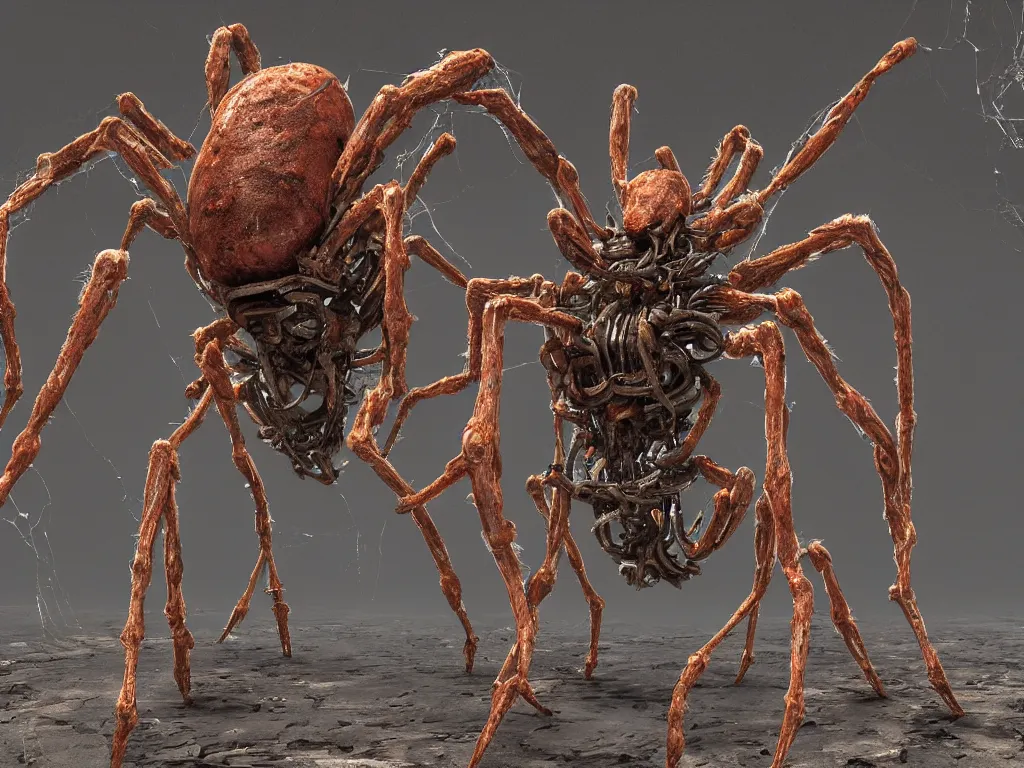 Image similar to Techno-biological iron-meat spider with double long barrel on his head walks through the ruins. Consisting of tumors, veins, guts, kidneys, wires, long spider paws, chitin, bones. Bodyhorror, biopunk, extremely high detail, ultra realistic, photorealism, concept art, octane render, view from a distance, 8k, 16k