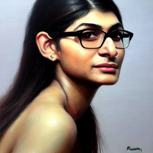 Image similar to beautiful painting an gorgeous of mia khalifa, oil painting, art by ruan jia