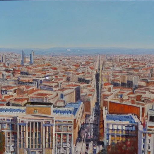 Prompt: bird's eye view of Madrid from Azca, realist painting by Isabel Quintanilla, 1981, W 768