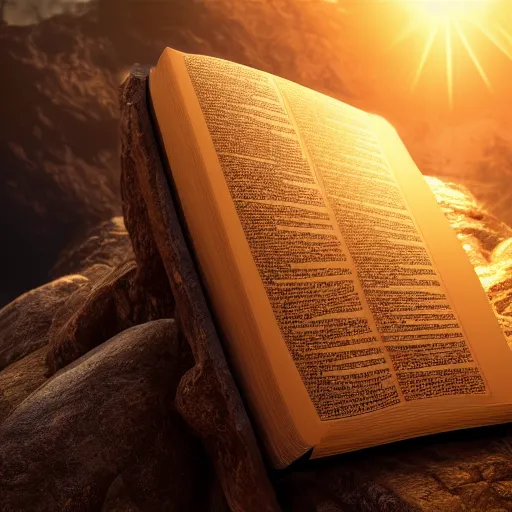 Image similar to photorealistic Bible, on a rock, heavenly light shining onto it, golden light, aura, cgsociety, artstationhq, digital art, detailed