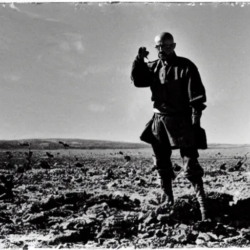 Prompt: photograph of walter white standing on a landmine, explosion, 3 5 mm photograph, war photograph