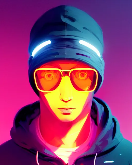 Image similar to neo - noir art style, hyper - realistic detailed portrait of a man in a hoodie, with neon visor, dynamic pose, symmetrical background, by atey ghailan, by greg rutkowski, by greg tocchini, by james gilleard, by joe fenton, by kaethe butcher, sharp focus