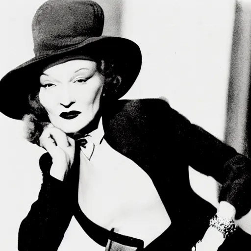 Prompt: Marlene Dietrich wearing black clothes and a black hat. Color.