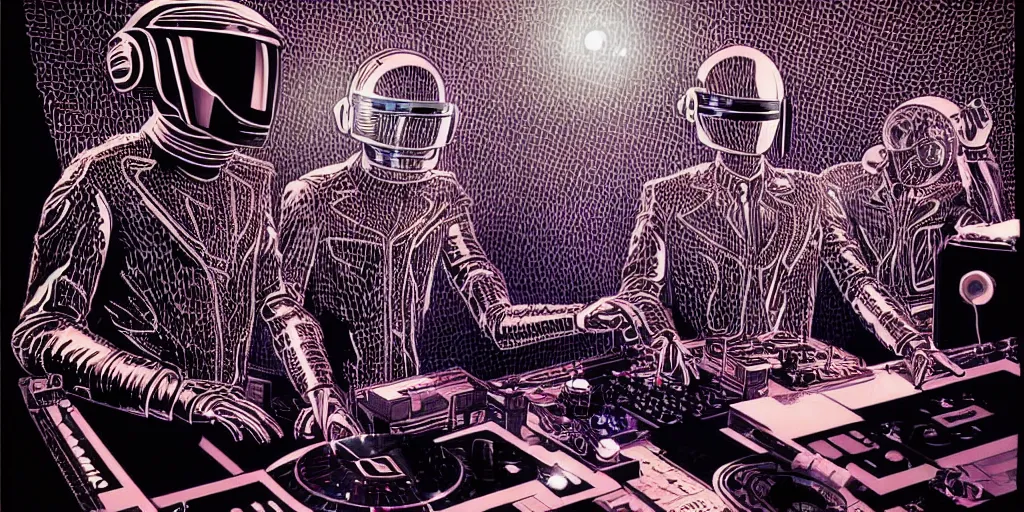 Image similar to intricate detailed artwork of Daft Punk using dj controller at an underground warehouse rave in Ibiza playing techno house music, thousands beautiful gorgeous girls dancing in bikini, in the style of Moebius, wires, speakers, black and white ink, some ink drips