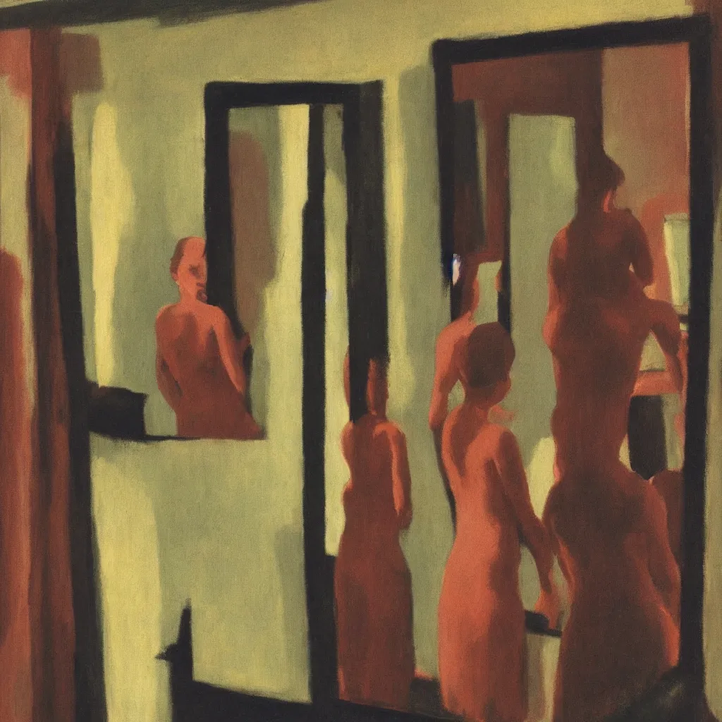 Image similar to seeing her in my mirror when lights in the back room are on and shadows are crawling back into my life, style of Edward Hopper, John Singer Sargant, Francis Bacon, colors of Mark Rothko