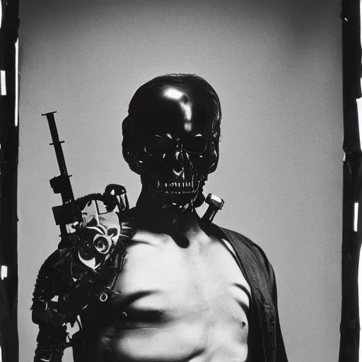 Image similar to the terminator, irving penn portrait, large format black and white photography